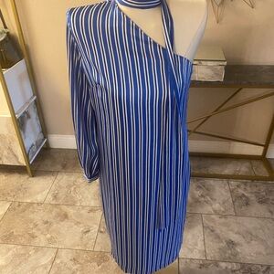 Elegant Banana Republic NWT Blue Striped One-Shoulder Dress with Ties for neck.